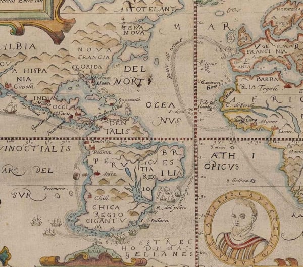 Detail from contemporary map showing Francis Drake’s circumnavigation of the world