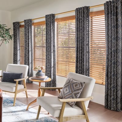 Modern living room with custom window treatments