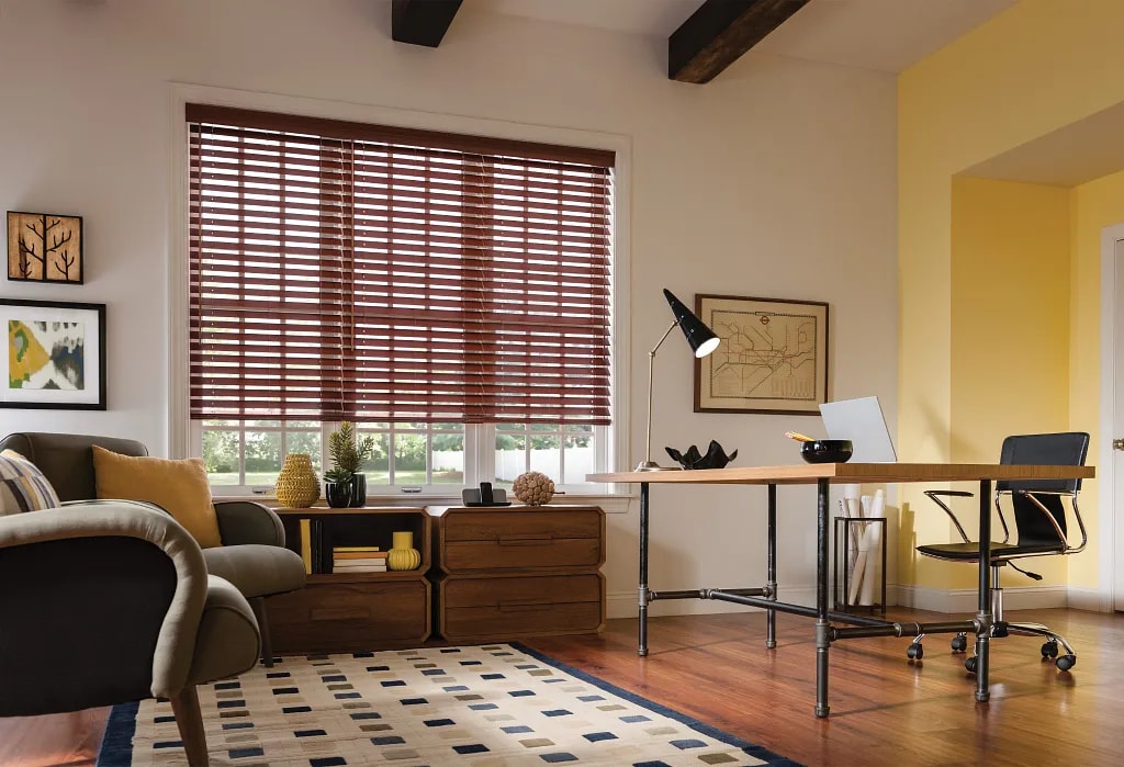 Wood blinds enhancing a traditional home office