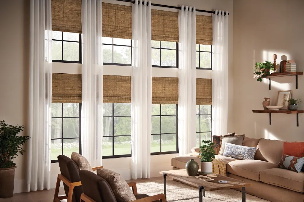 Natural woven bamboo shades in a casual space