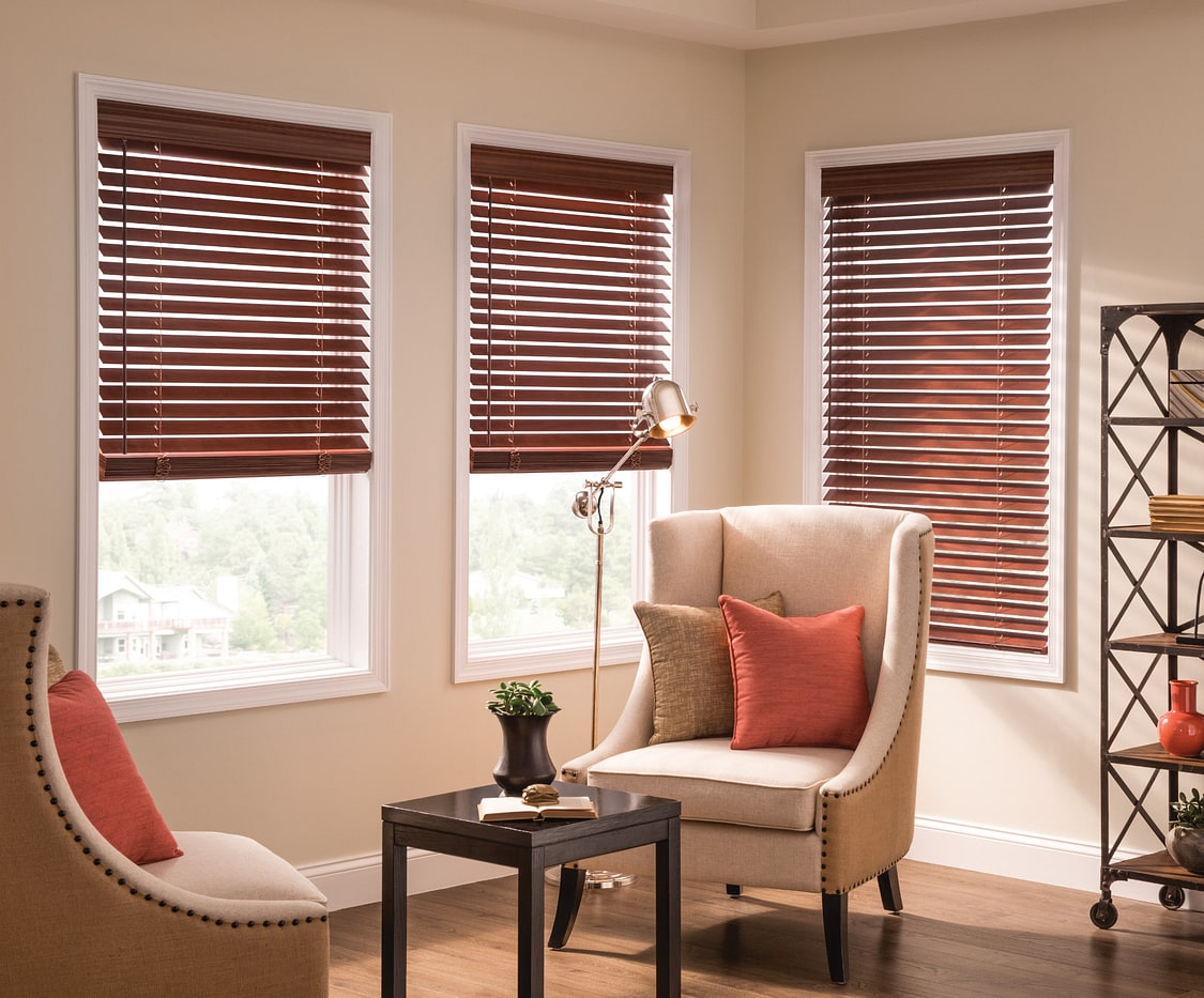 Living room with custom window treatments