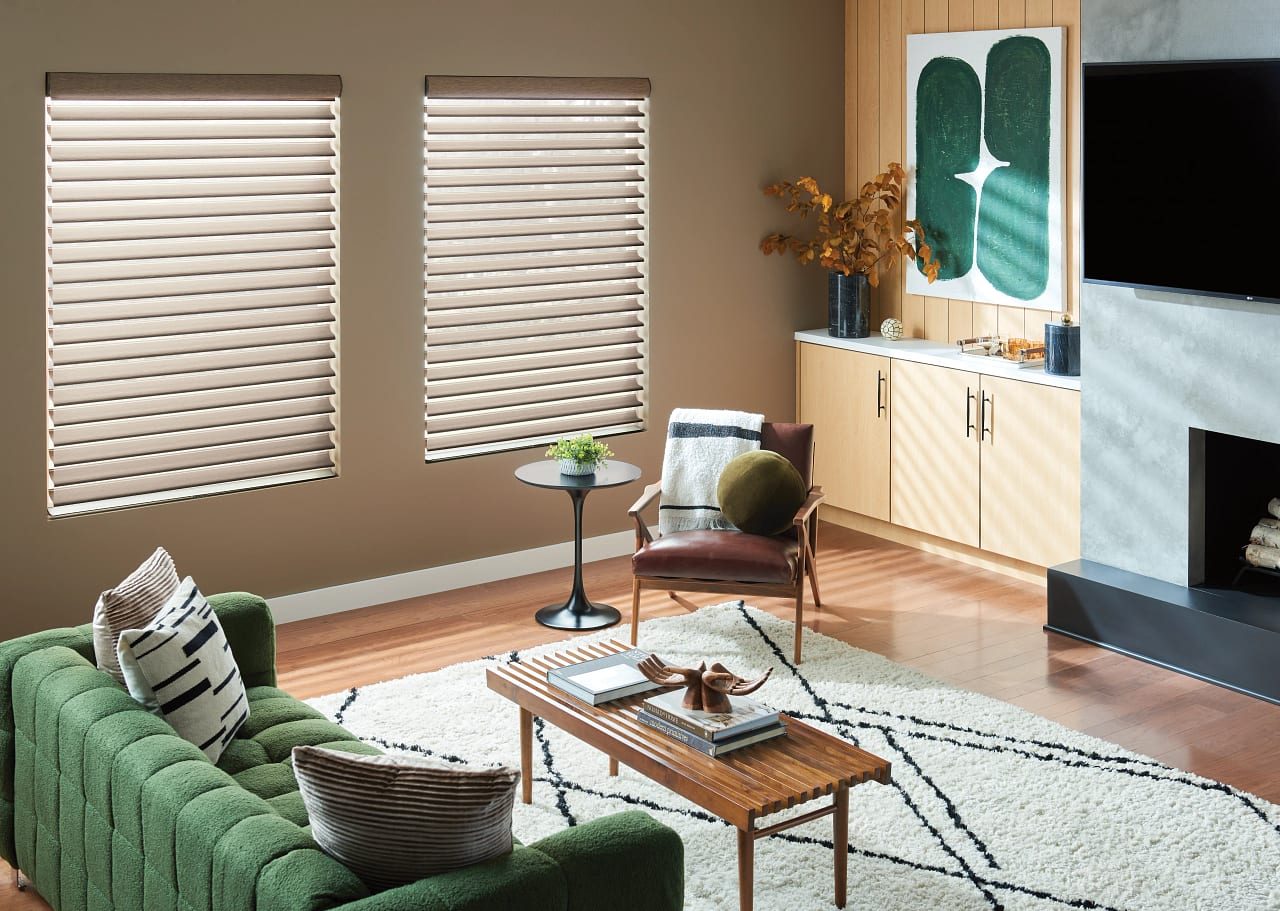 Example window treatments installed in a modern living room with natural lighting