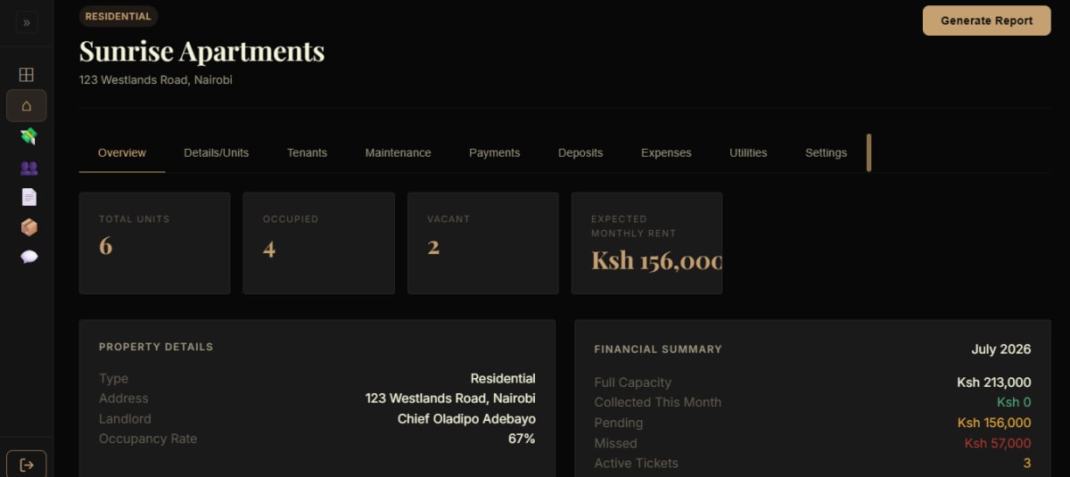 Property detail view — individual property showing tenant list, rent amounts, and payment statuses