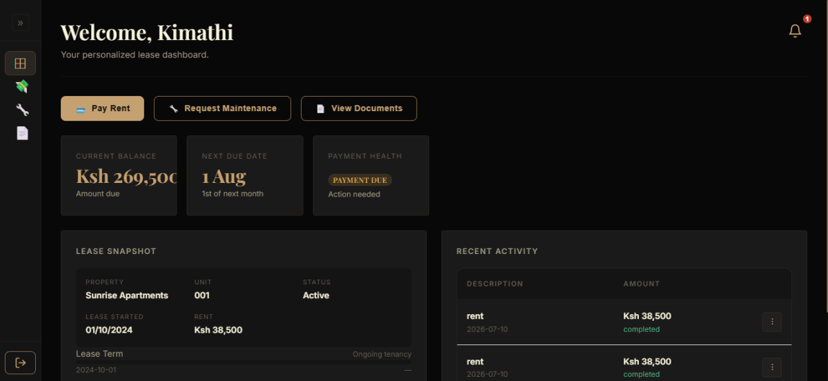 Tenant portal — payment history and balance view matching the landlord's dashboard