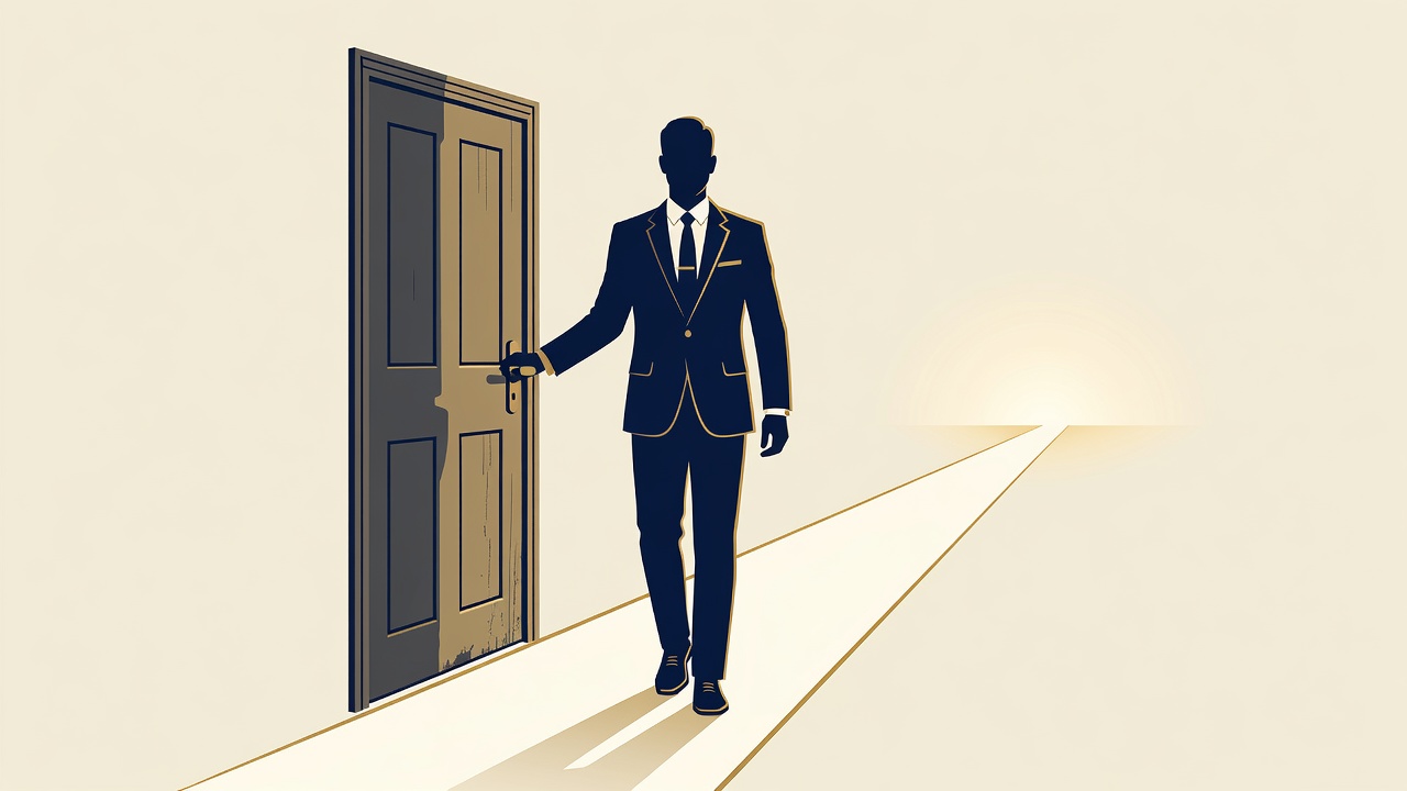 Minimalist flat illustration of a figure closing an old door and walking toward a bright open path