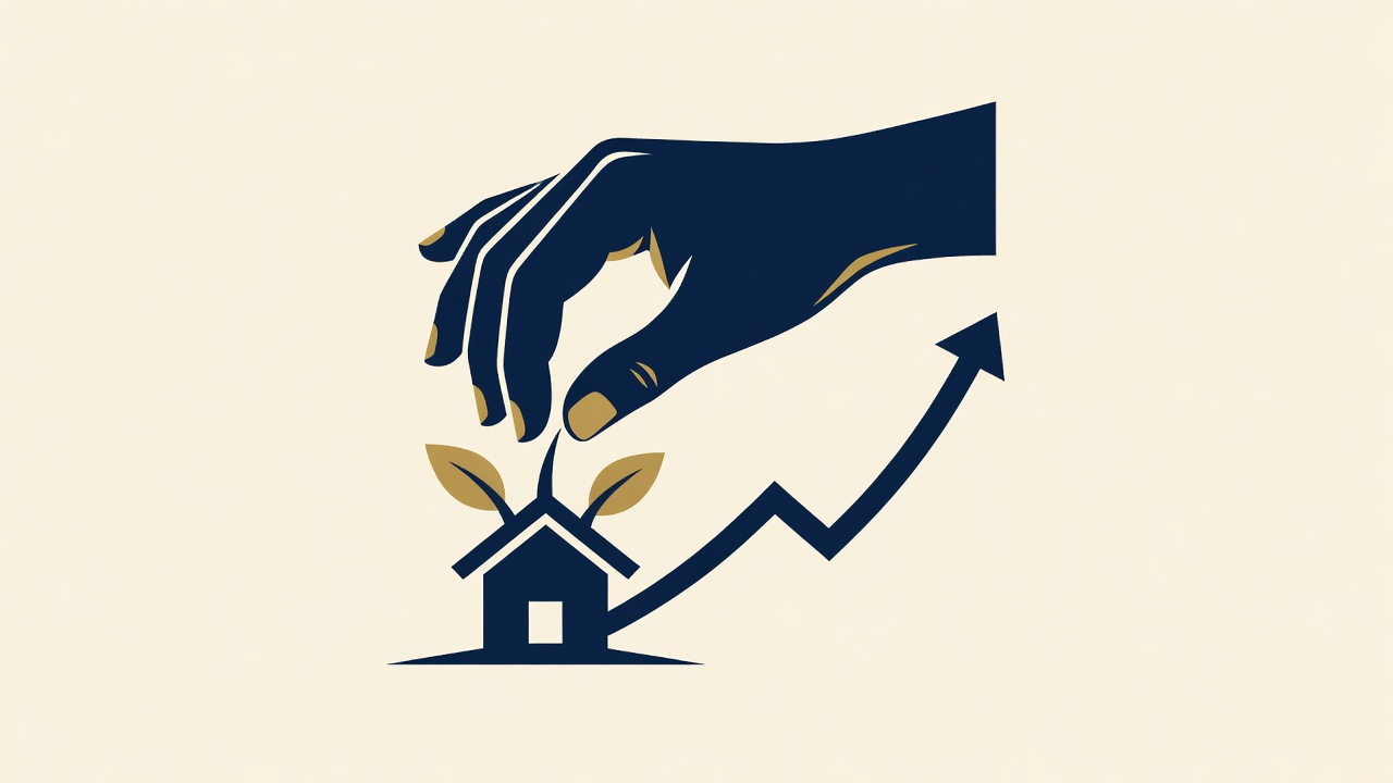 Minimalist flat illustration of a hand planting a small house-shaped sapling near a rising line chart