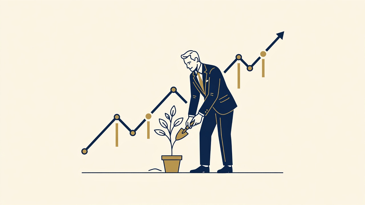 Illustration of a figure planting a sapling next to a rising software chart