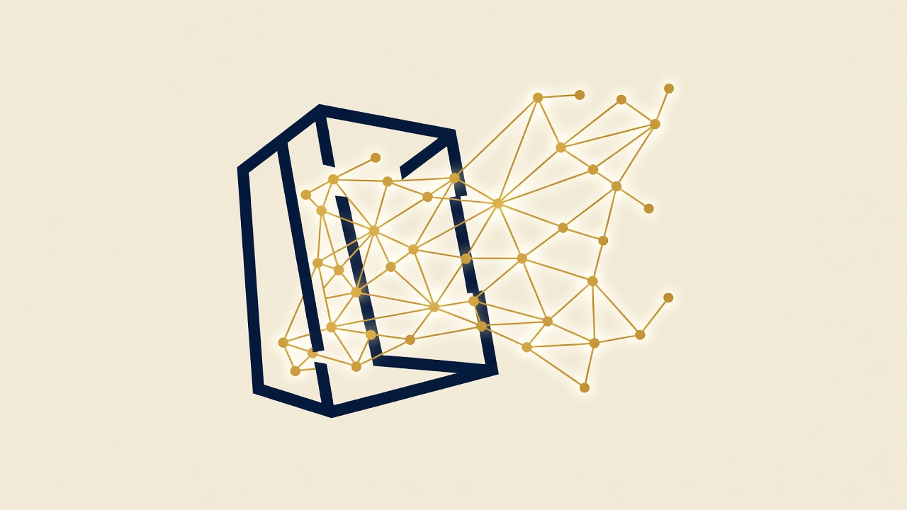 Editorial illustration of a glowing network of connected nodes breaking free of a control panel