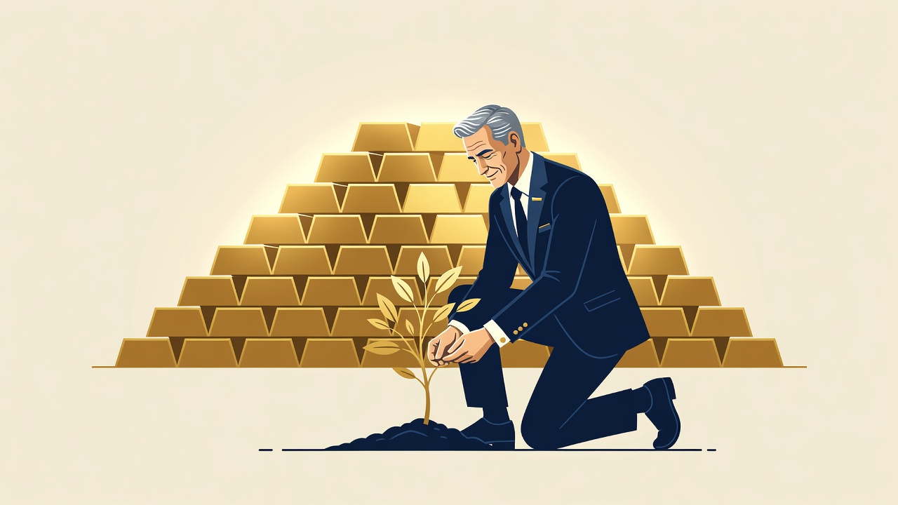 Minimalist illustration of a figure planting a golden sapling beside a mountain of gold bars