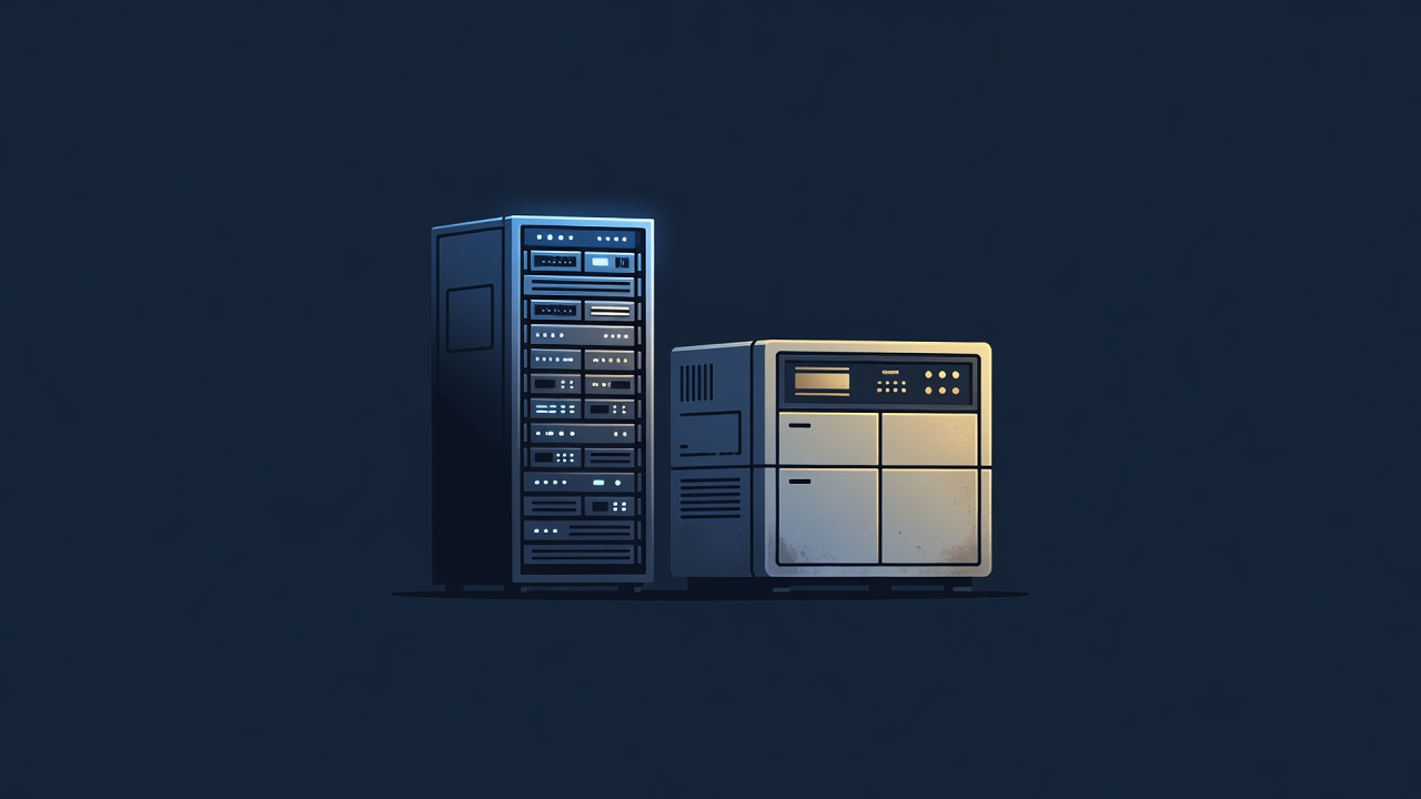 Minimalist illustration of a figure examining an old mainframe computer beside a modern glowing server rack