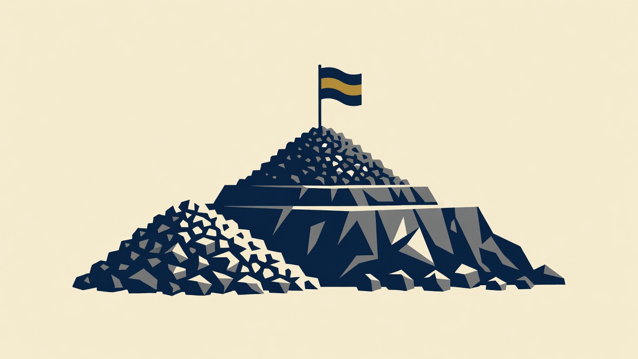 Editorial illustration of a construction gravel pit with a navy and gold activist flag planted on the rock pile