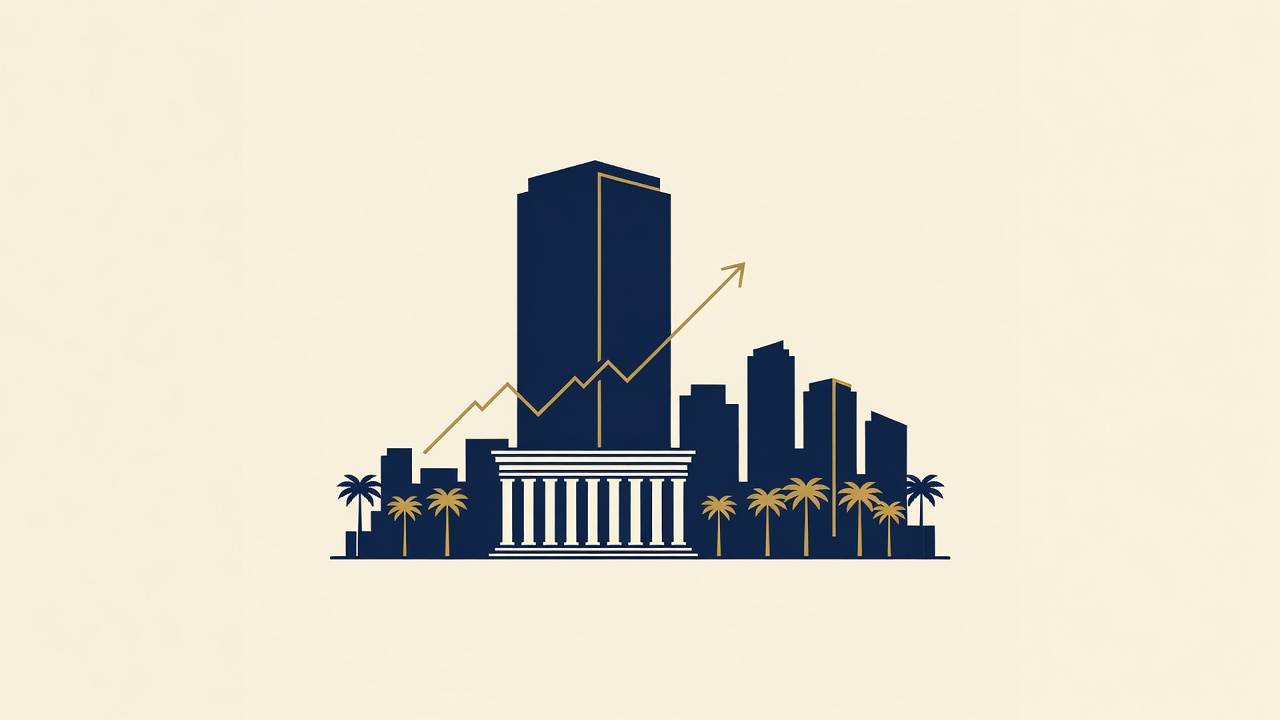 Stylized illustration of a university building rising next to a city skyline