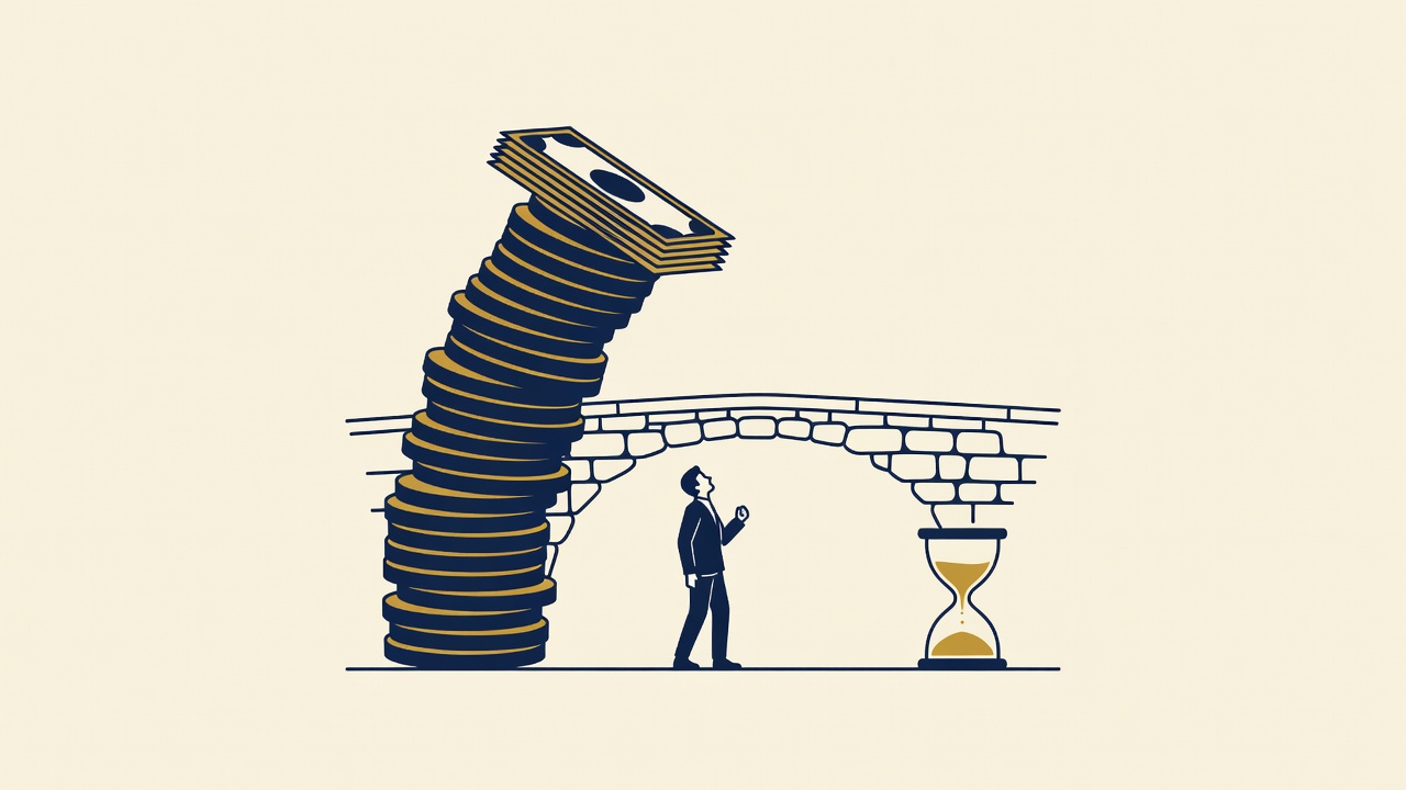 A leaning stack of coins and bills towering over a stone bridge