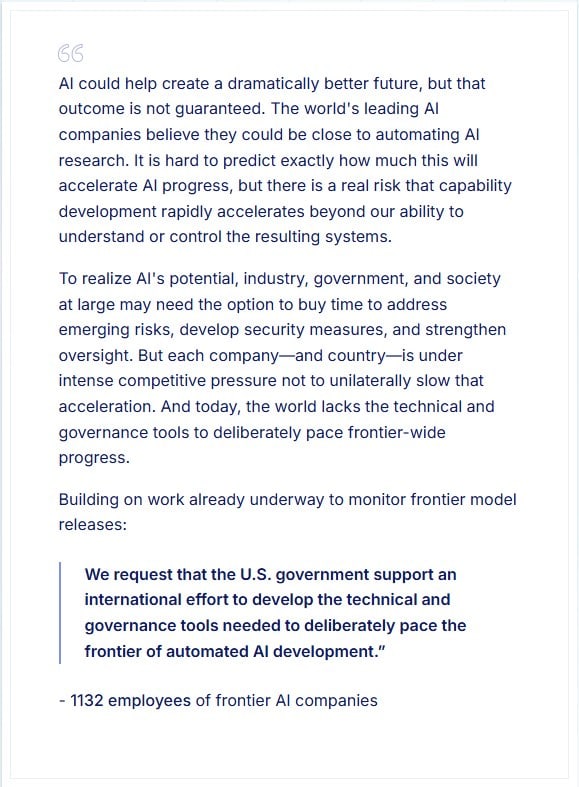 A group of 1,132 employees from major AI laborator...