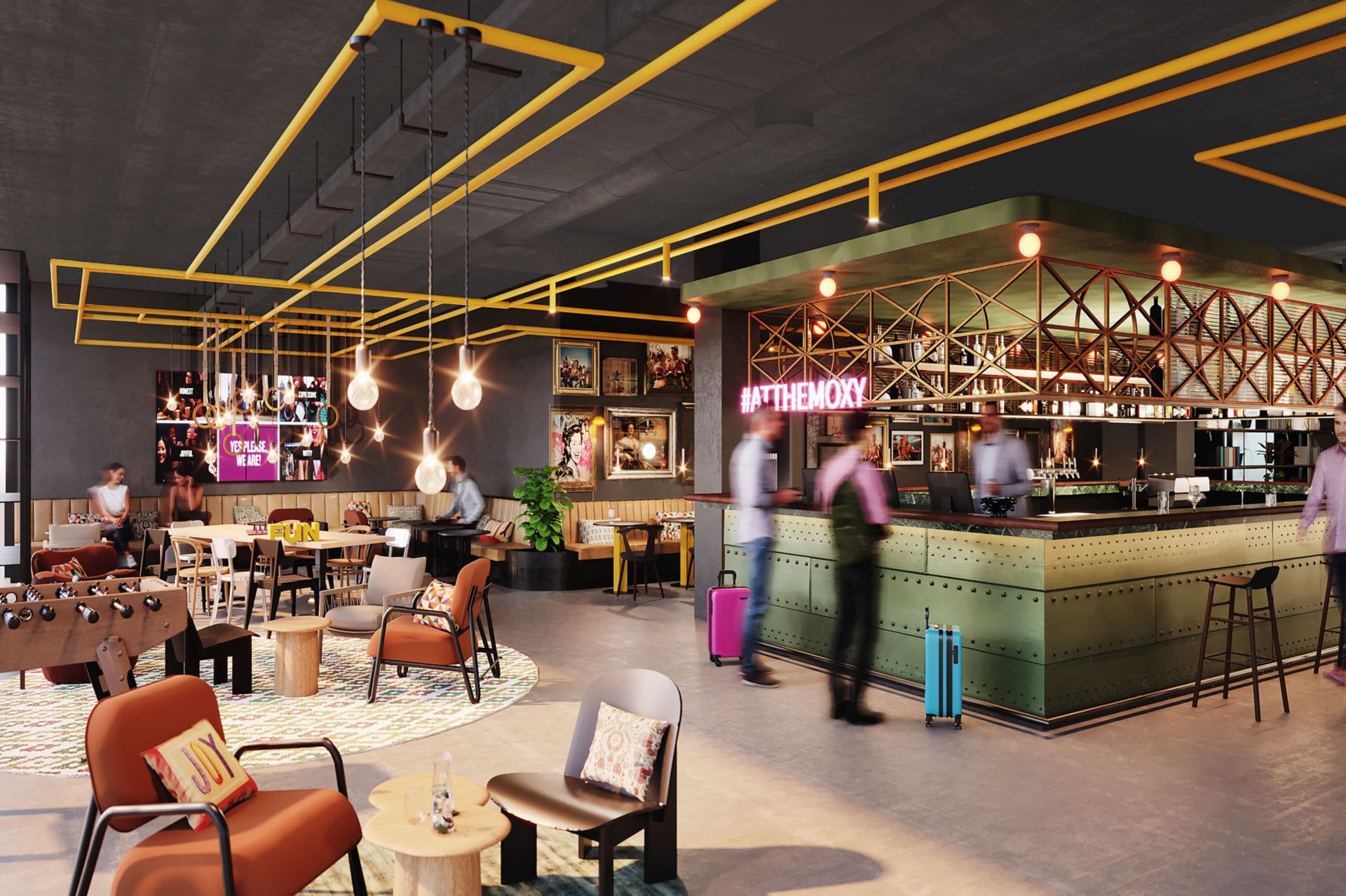 Moxy Budapest Downtown · table communale et bar lifestyle du lobby
