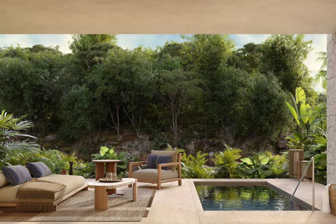 Vue aérienne de l'Alila Mayakoba intégré dans la mangrove et le lagon