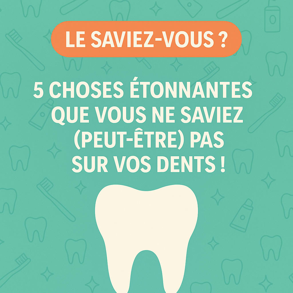 Illustration avec un fond turquoise décoré de motifs dentaires, un encadré orange avec le texte "Le saviez-vous ?" et un grand titre "5 choses étonnantes que vous ne saviez (peut-être) pas sur vos dents !" accompagné d’un dessin de dent blanche.