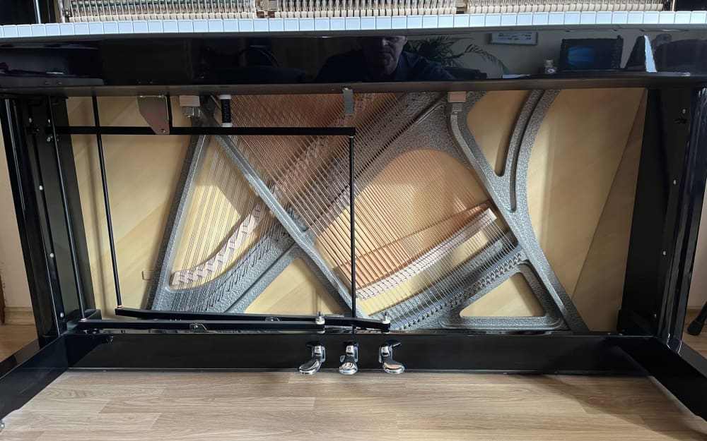 Spodní pohled na pianino W. Hoffmann P 126 — křížený systém strun a pedály