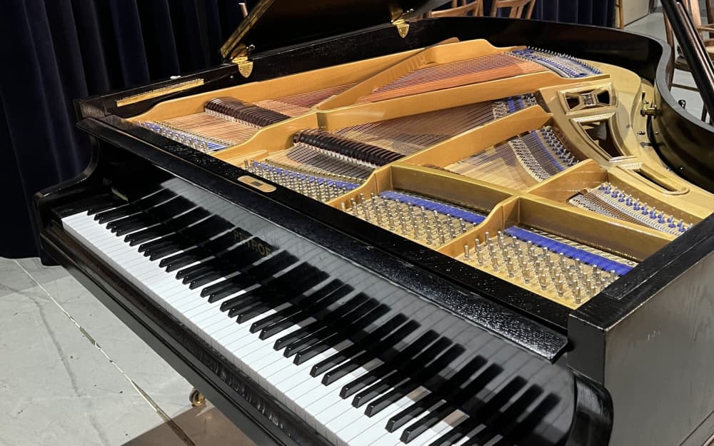 Detail otevřeného Petrof Grand Piano V se zlatým vnitřním plotnem