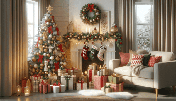 Un salon confortable décoré pour Noël.