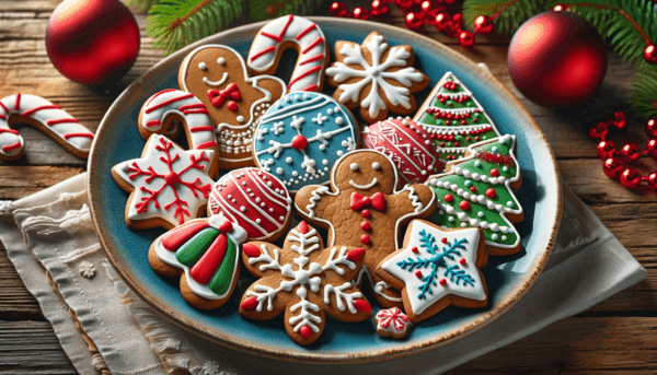 Image en gros plan d'une variété de biscuits en pain d'épices magnifiquement décorés et placés sur une assiette bleue. 