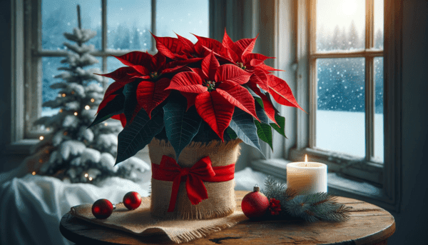 Un vibrant poinsettia aux pétales rouge vif et aux feuilles vert foncé, présenté dans un pot rustique enveloppé de toile de jute et orné d'un ruban rouge. 