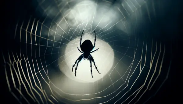 DALL·E 2023-12-20 17.46.07 - A silhouette of a spider hanging on its web against a blurred background. The image should capture the delicate structure of the spider's legs and the.webp