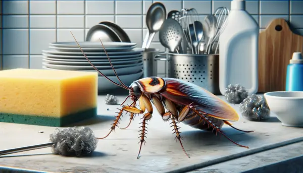 DALL·E 2023-12-20 18.00.10 - A photorealistic image of a cockroach on a kitchen counter with a sponge and steel wool in the background. The cockroach should have a detailed exoske.webp