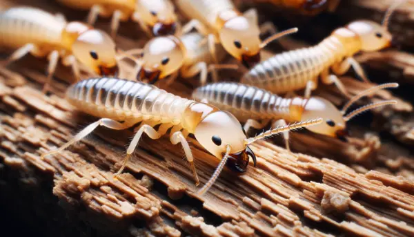 DALL·E 2023-12-20 17.53.19 - A close-up photograph of several termites on a piece of wood, showcasing their pale bodies and dark heads. The image should highlight the termites' de.webp