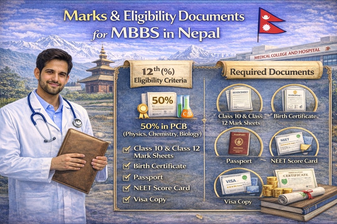 Marks & Eligibility Documents for MBBS in Nepal 12th (%) and Required Documents.