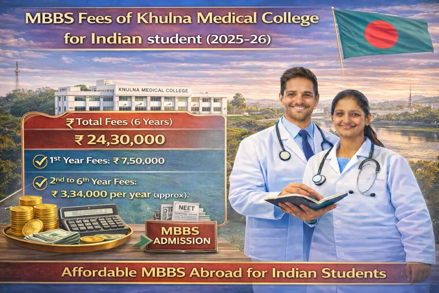 MBBS fees of Khulna Medical College for Indian student (2025–26)