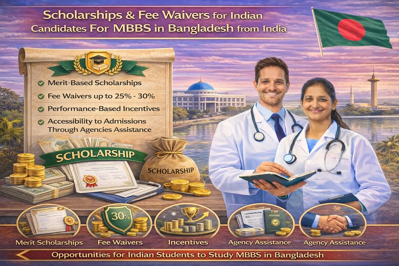 Scholarships & Fee Waivers for Indian Candidates For MBBS in Bangladesh from India.