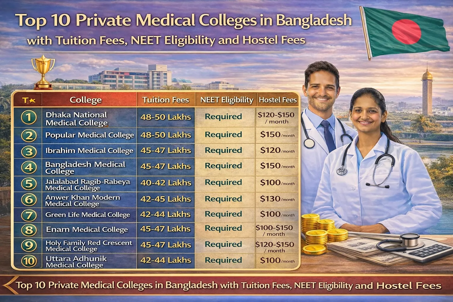 Top 10 Private Medical Colleges in Bangladesh with Tuition Fees, NEET Eligibility and Hostel Fees
