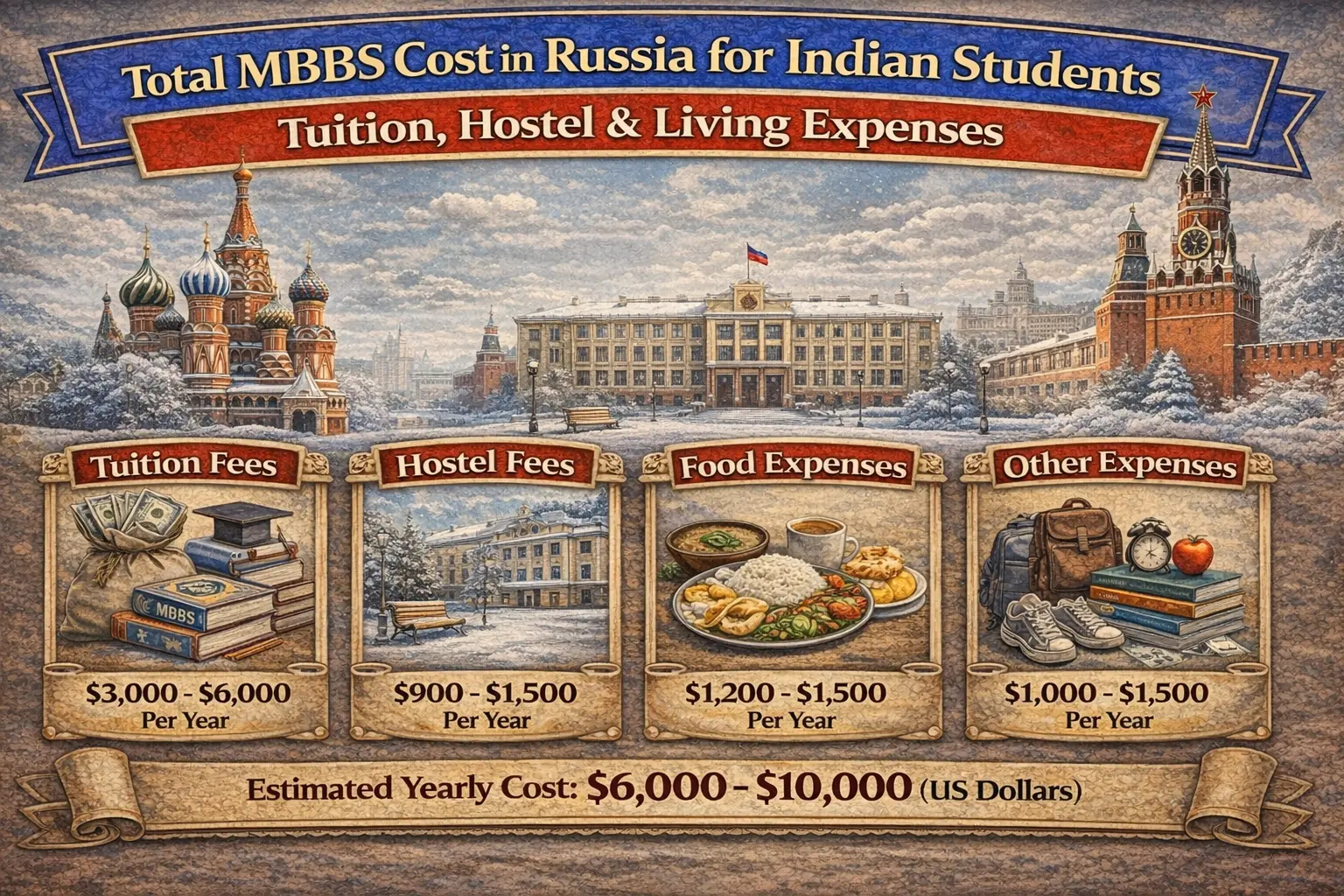 Overall MBBS Fee in Russia for Indian Students: Tuition, Hostel & Food Charges