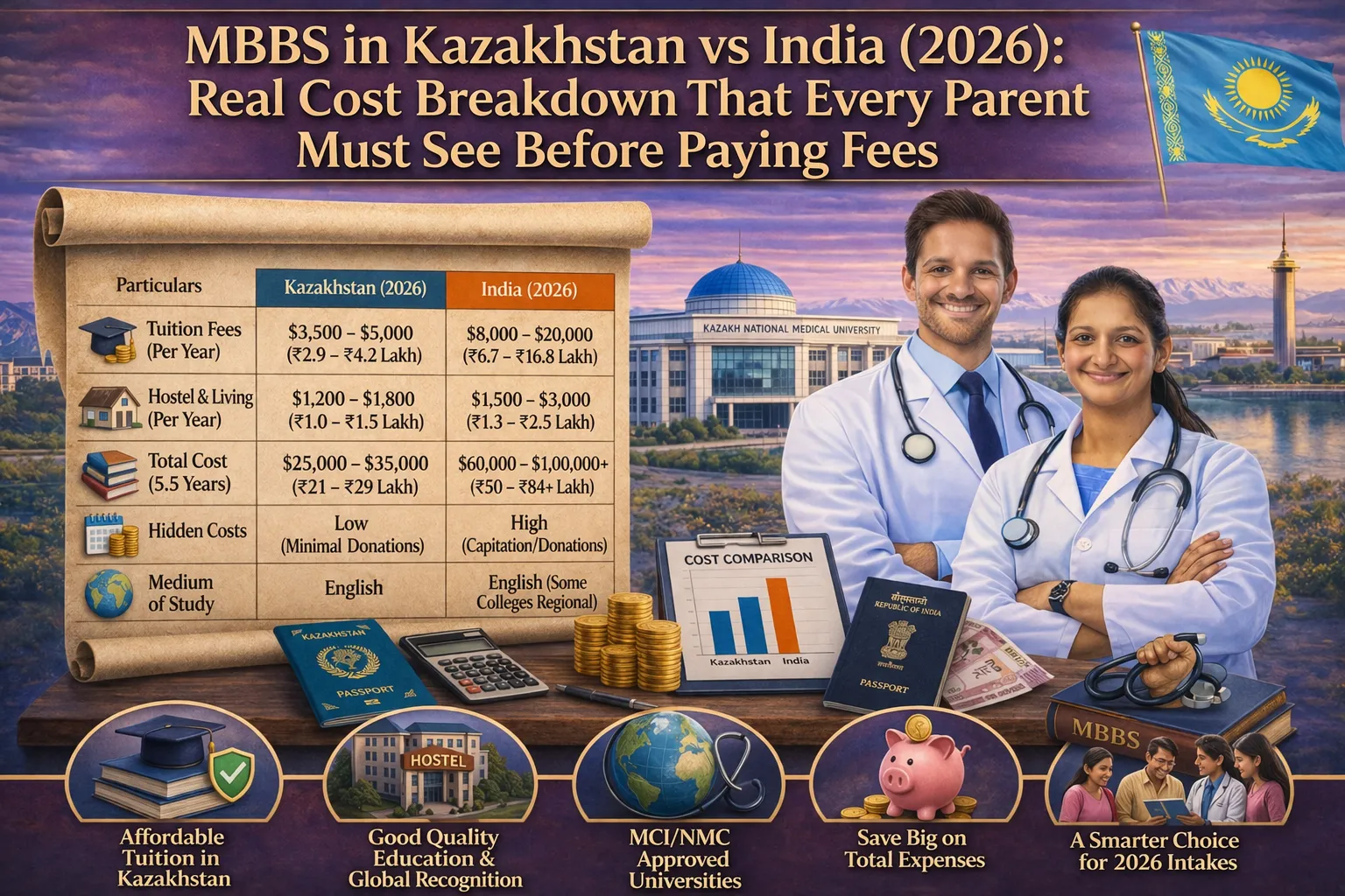 MBBS in Kazakhstan vs India (2026): Real Cost Breakdown That Every Parent Should See Before Paying The Fees