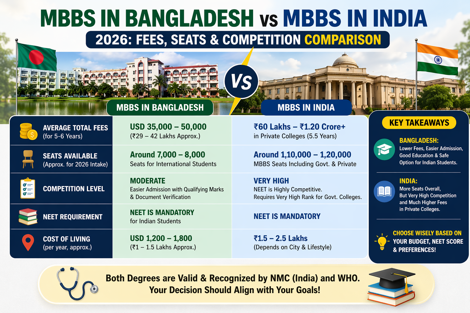 Difference between MBBS in Bangladesh vs MBBS in India 2026: Fees, Seats & Competition Comparison