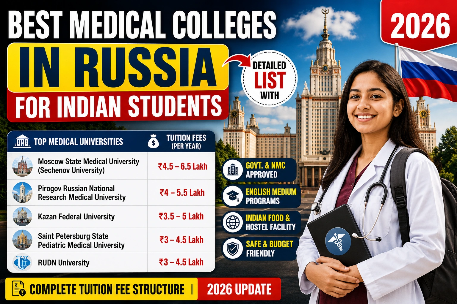 Detailed list of Best Medical Colleges in Russia for Indian Students With Tuition fees structure 2026