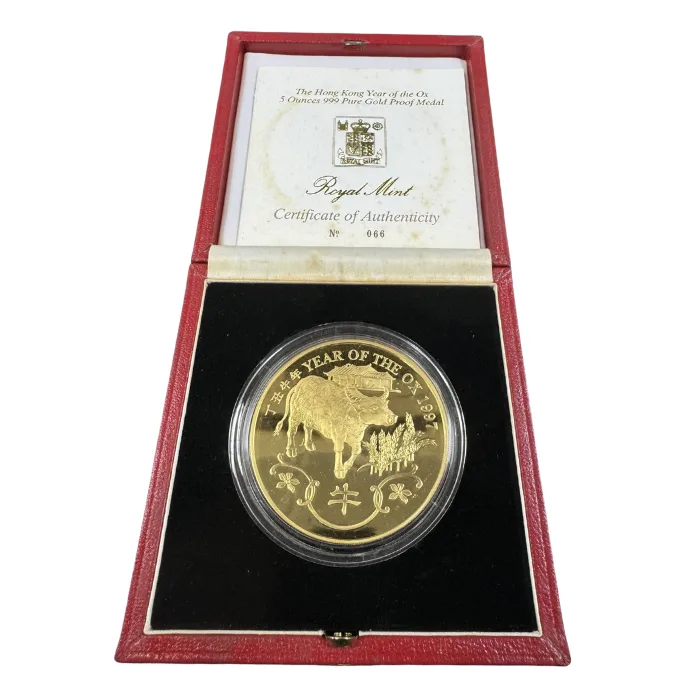 1997 5 oz Hong Kong Lunar Ox 999 Gold Proof Medal