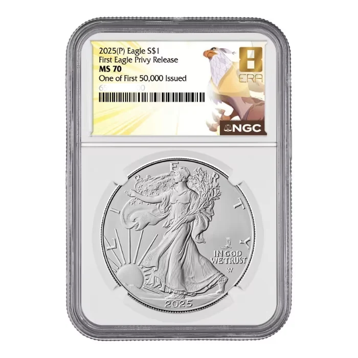 2025 美國鷹揚飛鷹加鑄版.999銀幣1盎司(NGC MS70 首批5萬枚發行之一 2025 美國鷹揚飛鷹加鑄版.999銀幣1盎司(NGC MS70 首批5萬枚發行之一