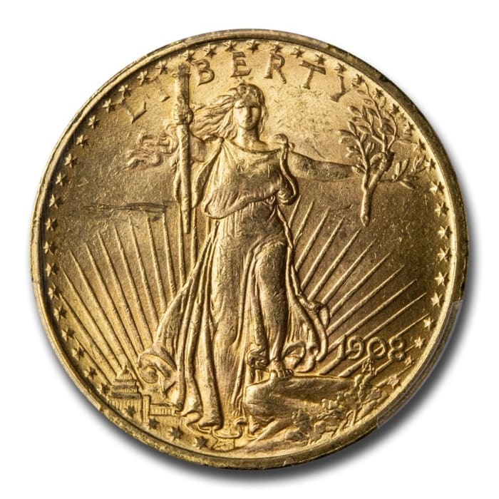 1908 美國聖高登斯雙鷹.900金幣0.9675盎司(PCGS MS63)