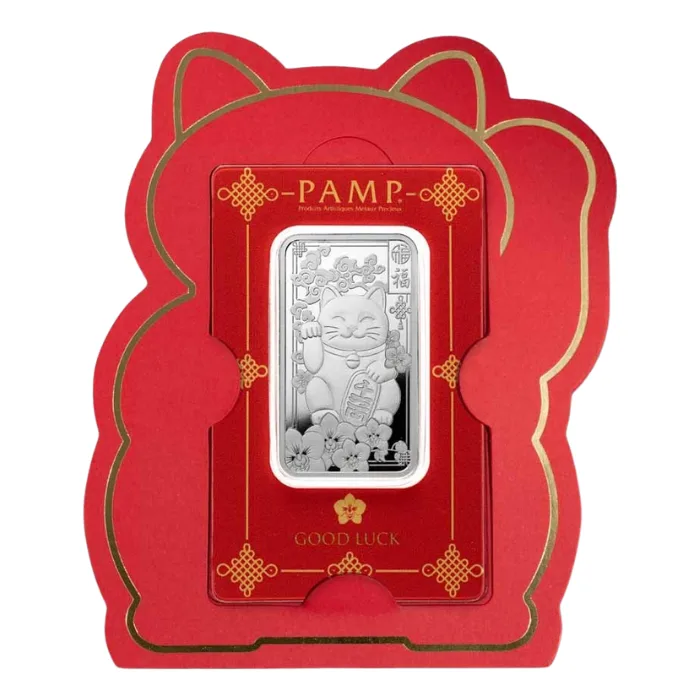 1 oz Pamp Suisse Lucky Cat .999 Silver Proof-like Bar with Gift sleeve