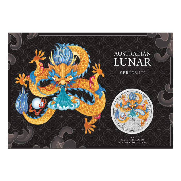 2024 1oz Australia Lunar Series III - Year of the Dragon .9999 Silver  Coloured BU Coin(in Card)