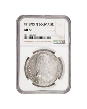 1818 Bolivia PTS PJ 8 Reales Silver Coin (NGC AU58) (6971281-051)