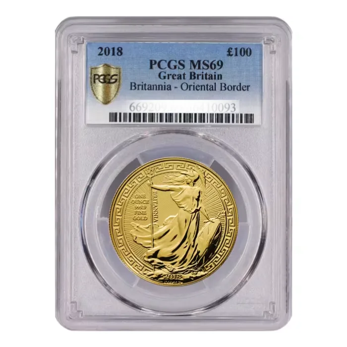 貨幣　金貨 2018 英國東方紋飾不列顛女神.9999金幣1盎司(PCGS MS69)