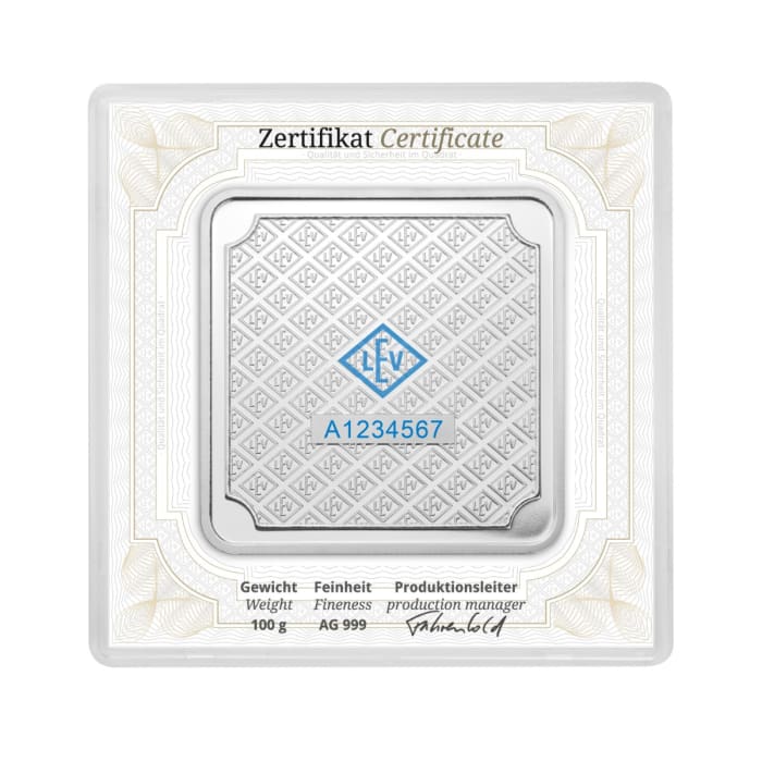 100 gram Geiger .999 Silver Square Minted Bar (In Capsule)(Varied