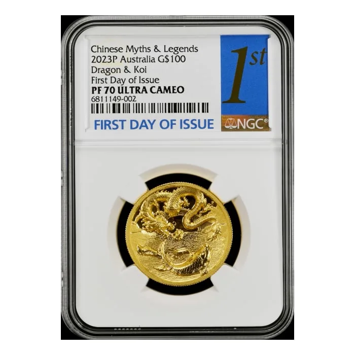 2023 1oz Australia Chinese Myths and Legends - Dragon And Koi .9999 Gold  Proof Ultra- High Relief Coin (NGC PF70 First Day of Issue)