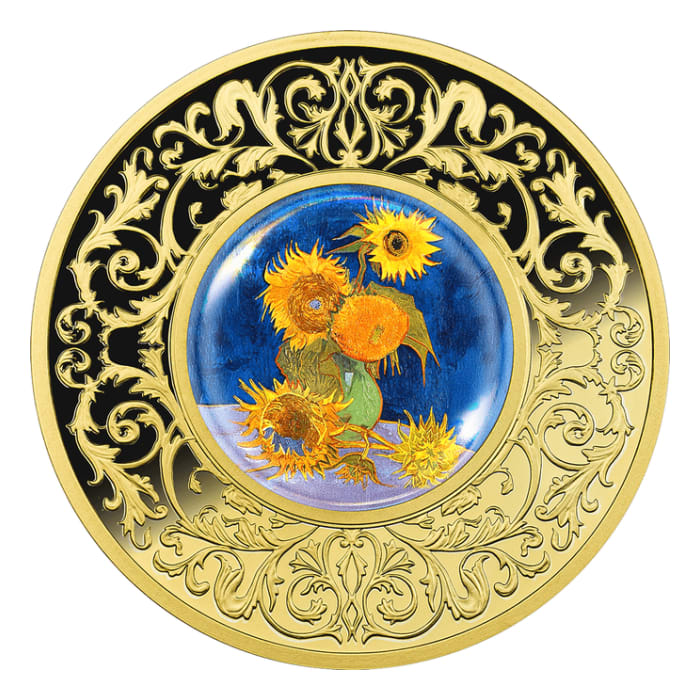 2025 喀麥隆花卉名畫- 梵高向日葵.999鍍金精鑄銀幣17.5克