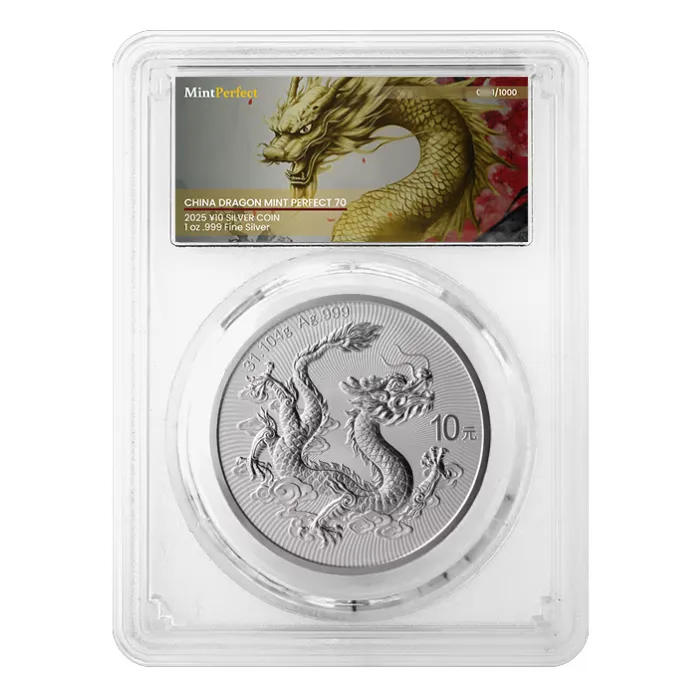 2025 China Dragon .999 Silver Coin (Mint Perfect 70 - Golden