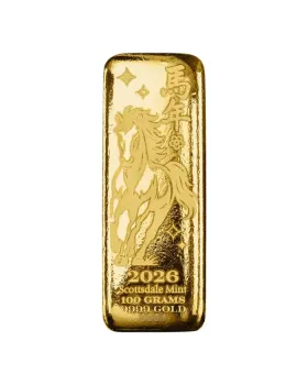 2026 100 gram Scottsdale Lunar Year of the Horse .9999 Gold Bar