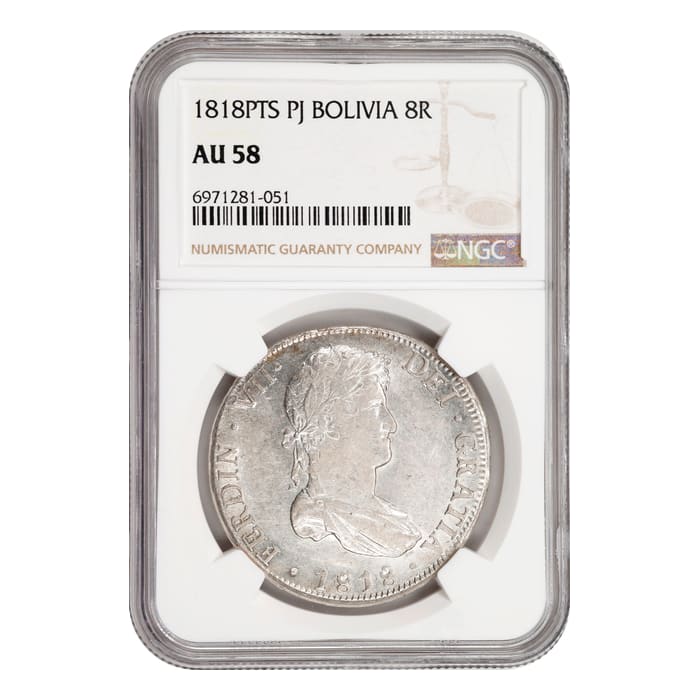 1818 Bolivia PTS PJ 8 Reales Silver Coin (NGC AU58) (6971281-051)